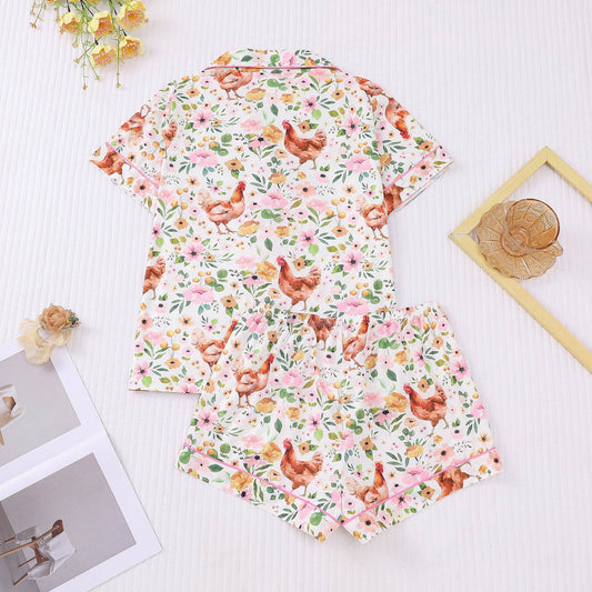 Country Floral Chicken Print Pajama Set