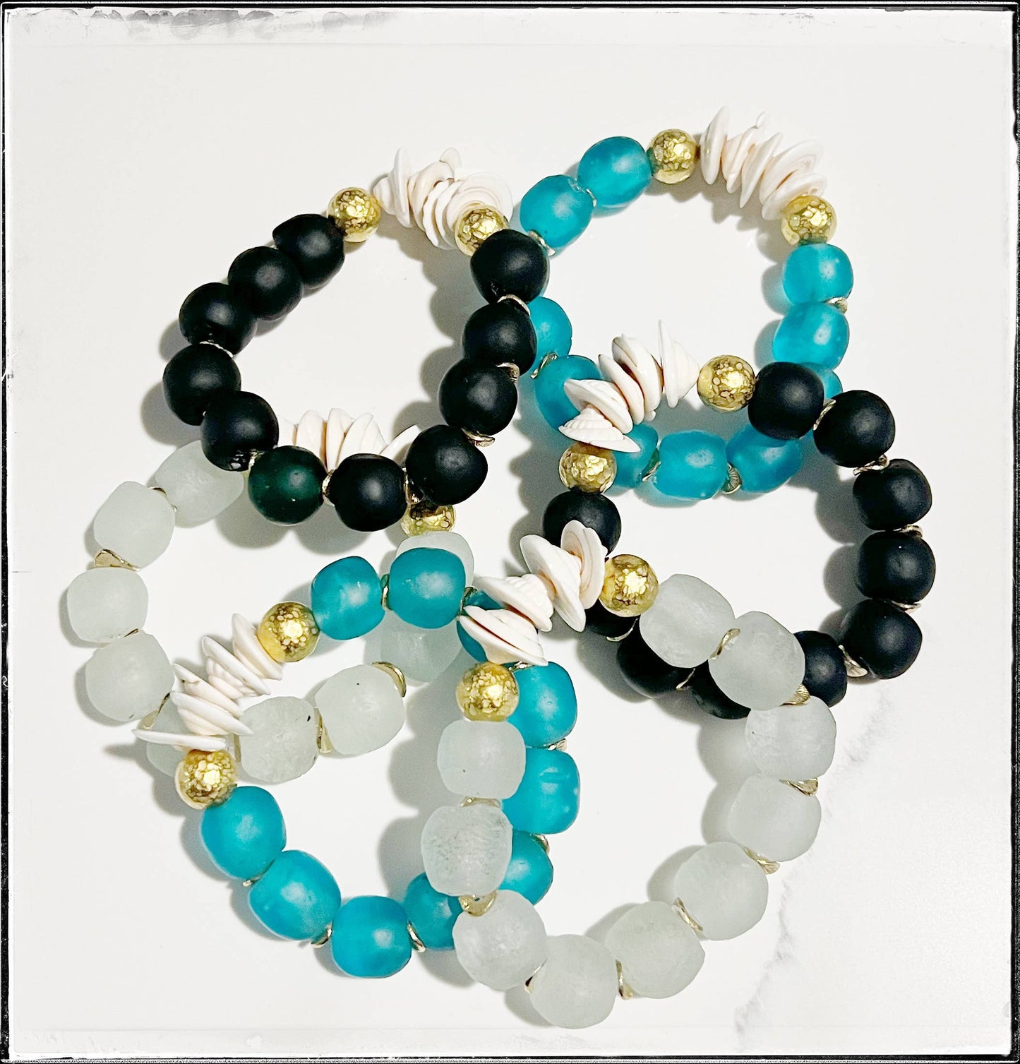 Natural Shell & Recycled Glass Bead Stretch Bracelet- Black