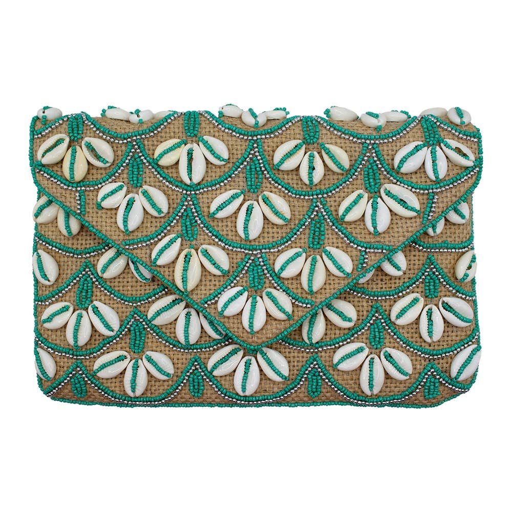 JUTE & SHELL TURQUOISE BEADED CLUTCH