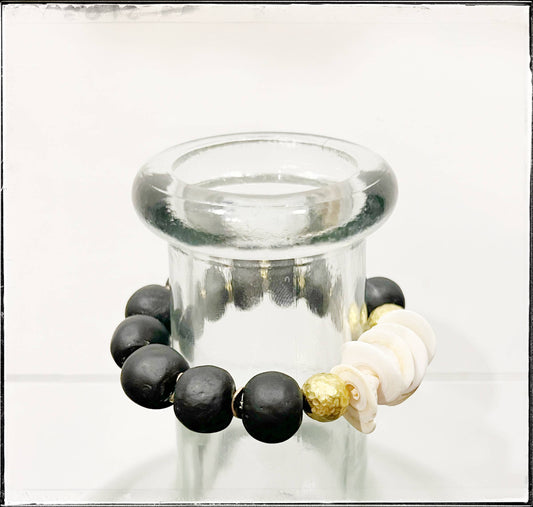 Natural Shell & Recycled Glass Bead Stretch Bracelet- Black