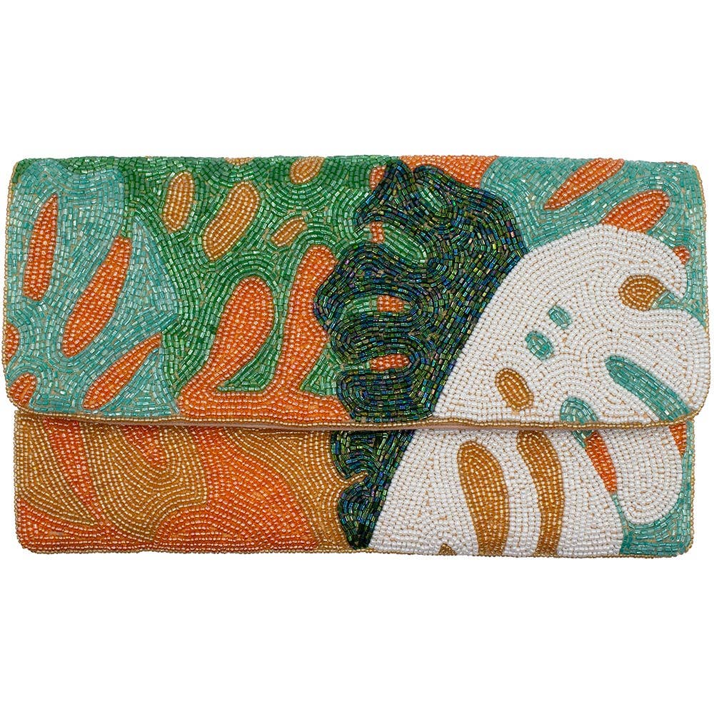 PEACH GREEN MONSTERA BEADED CLUTCH