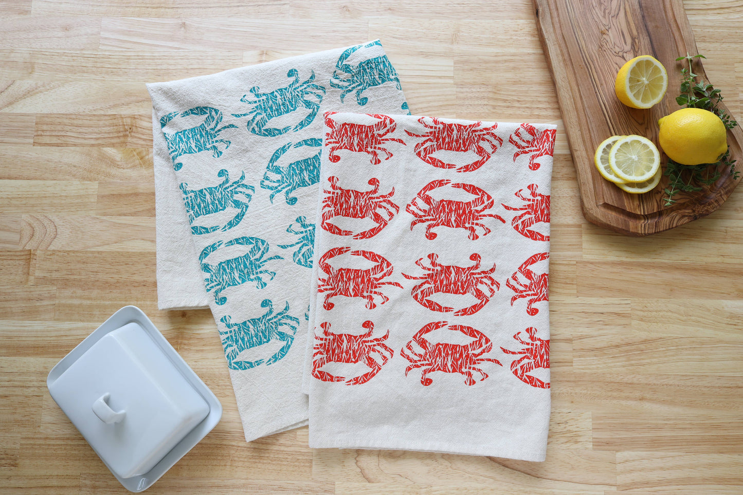 Crab Handprinted Kitchen Towel, Coastal Tea Towel, Blue Crab