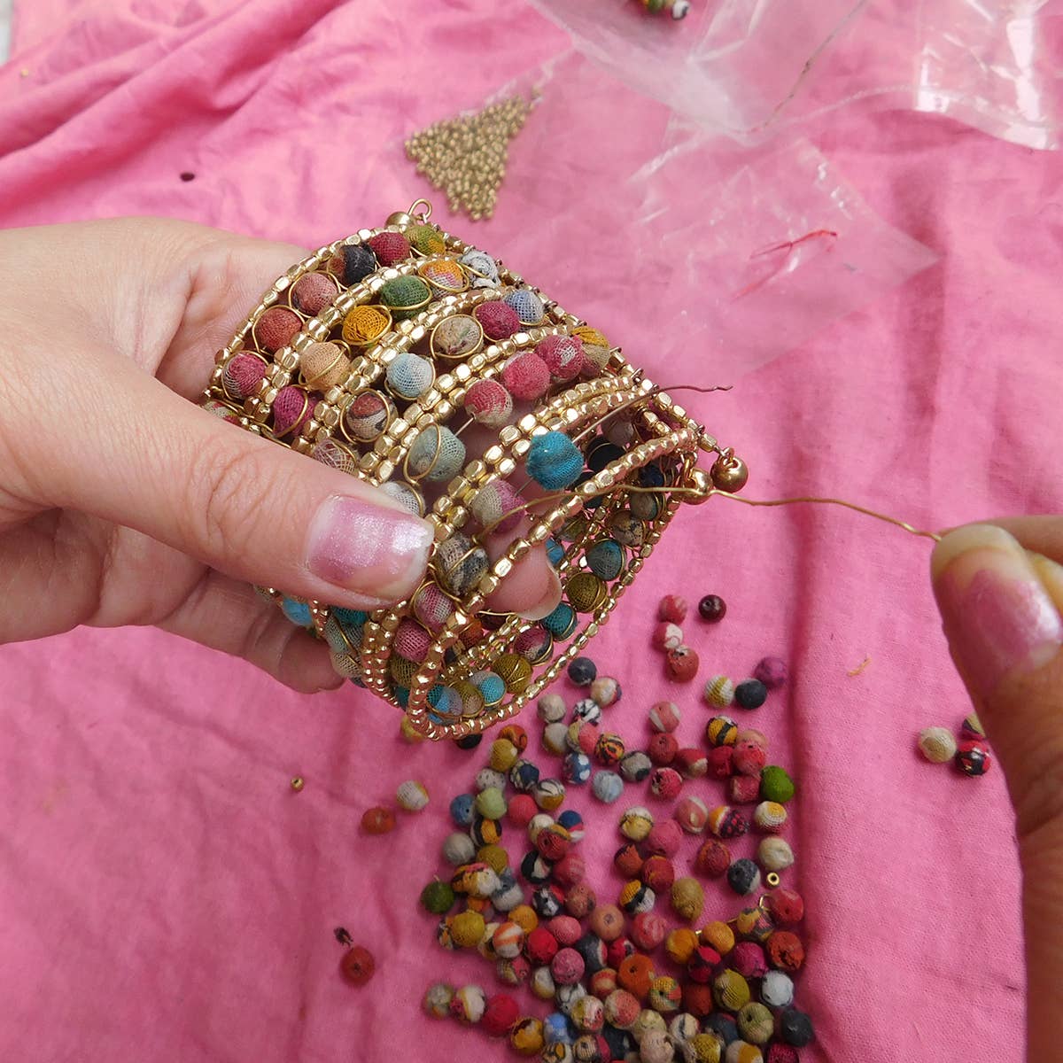 Kantha Beaded Grid Cuff