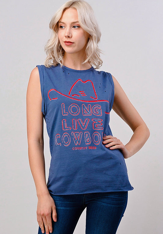 Long Live Cowboy Relaxed Fit distressed Rolled sleeve Muscle top