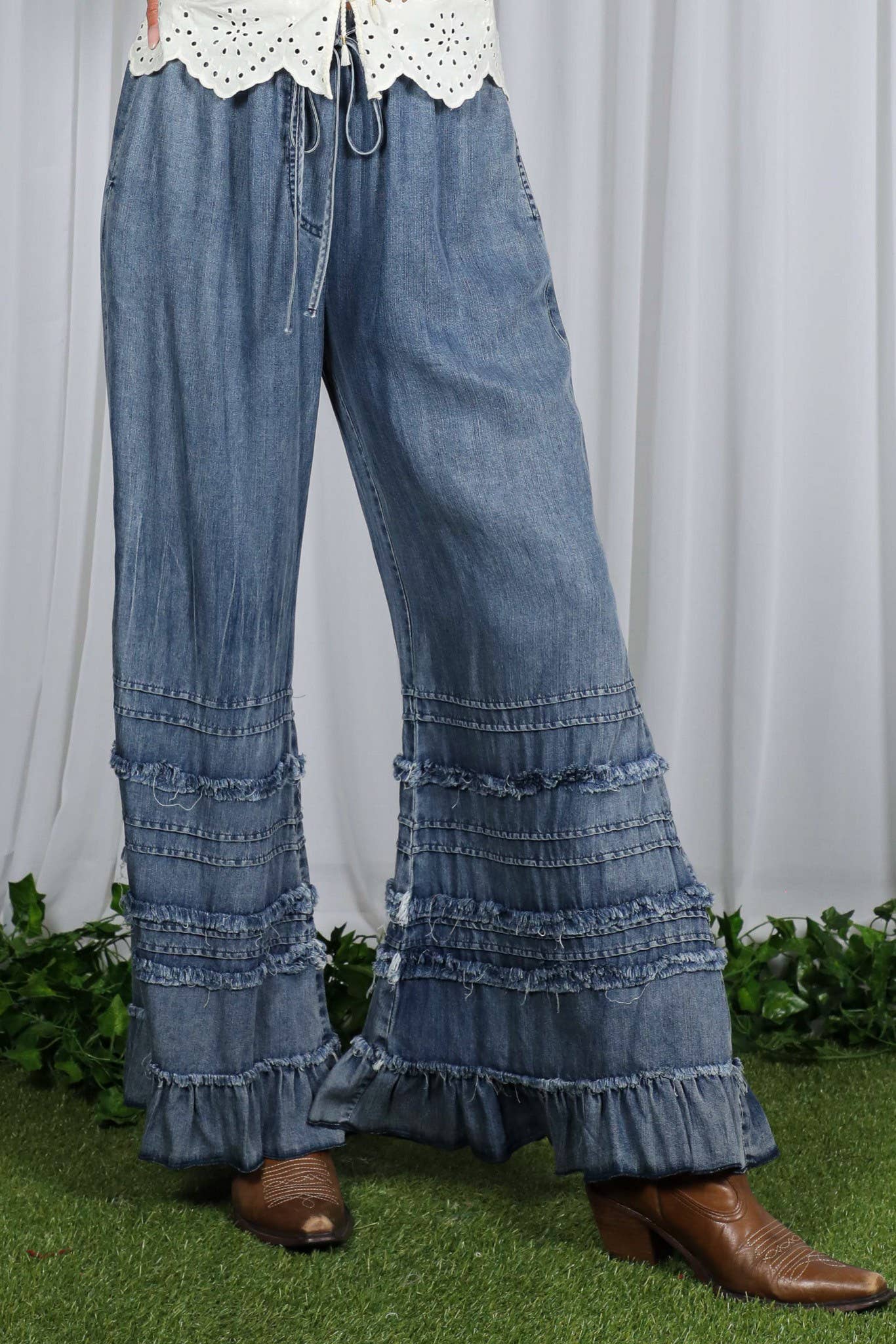 Flared Ruffle Hem Washed Chambray Crop Denim Pants