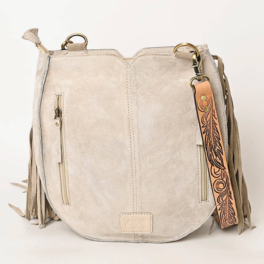 American Darling Western Feather Tooled Leather Large Crossbody Bag with Fringe