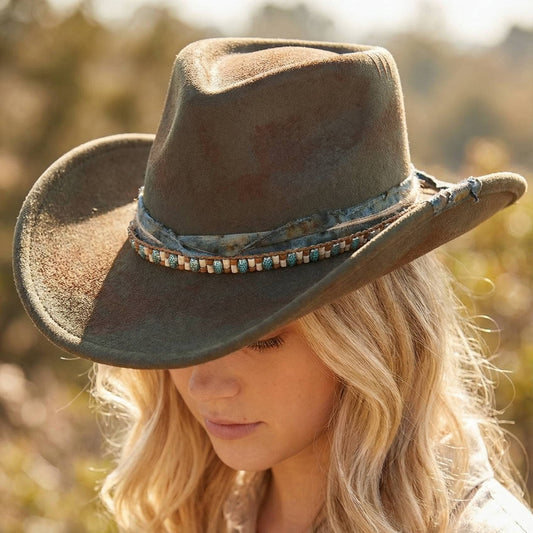 Fabric Beaded Distressed Western Cowboy Hat