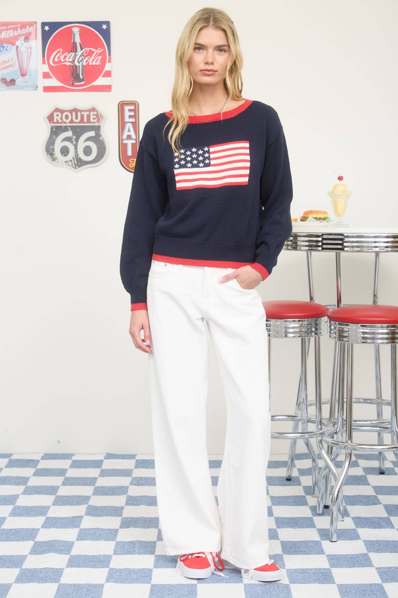 CONTRAST TRIM AMERICAN FLAG KNIT PULLOVER SWEATER