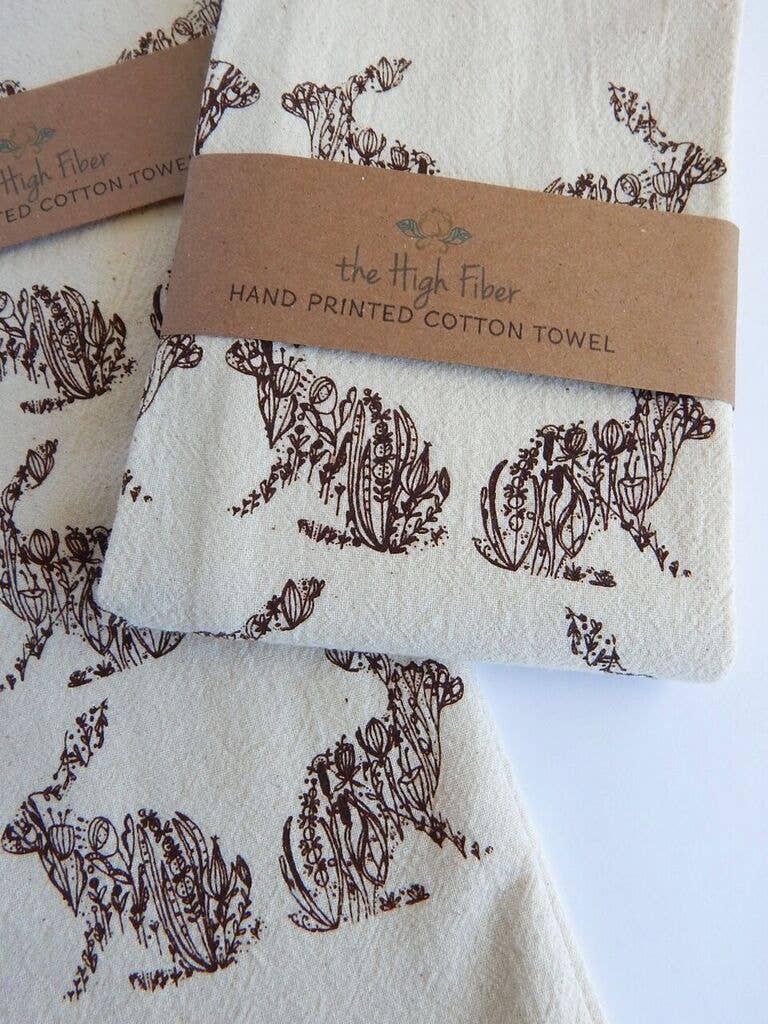 Rabbit Kitchen Towel, Floral Rabbit Tea Towel, Brown