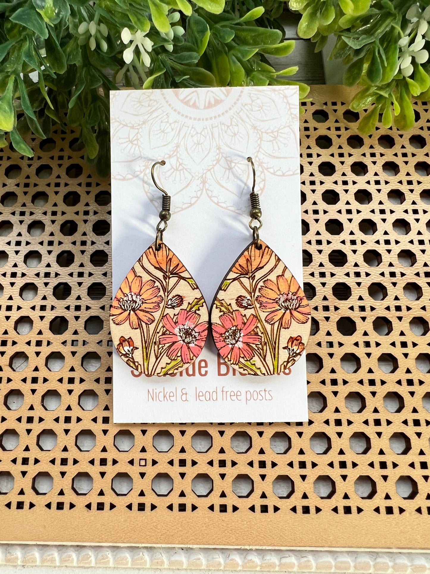 Boho daisy hand painted lightweight wood earrings