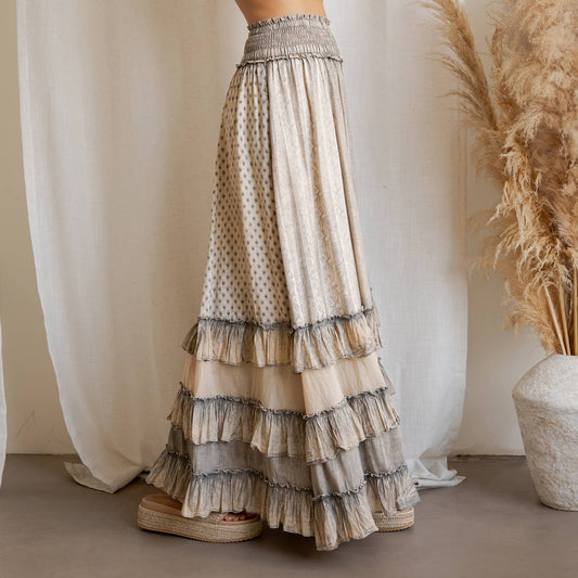 Rustic Textured Smocked Waist Ruffled Tiered Maxi Skirt