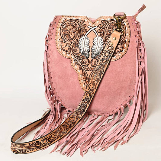 American Darling Western Feather Tooled Leather Large Crossbody Bag with Fringe