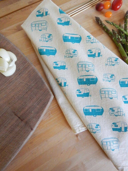 Vintage Campers Kitchen Towel, Handprinted Tea Towel