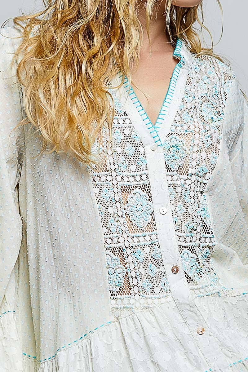 Beaded Embroidered Sheer Sleeve Tiered Dress