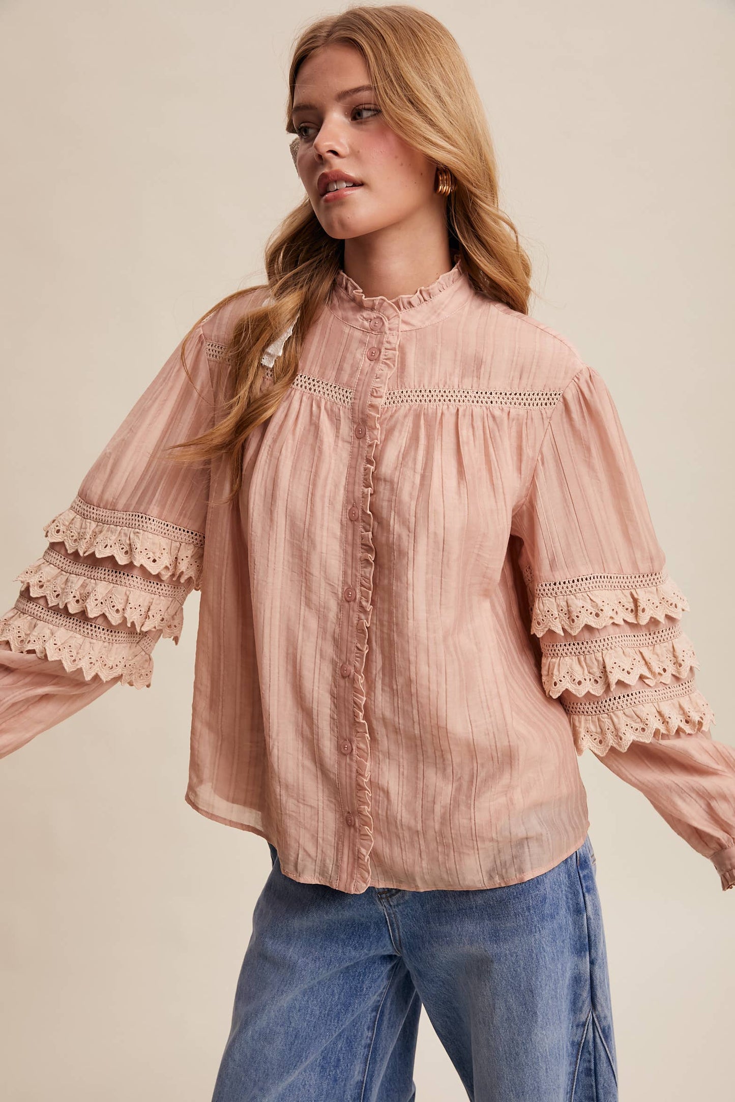 Lace Ruffle Sleeve Pintuck Blouse LT1441