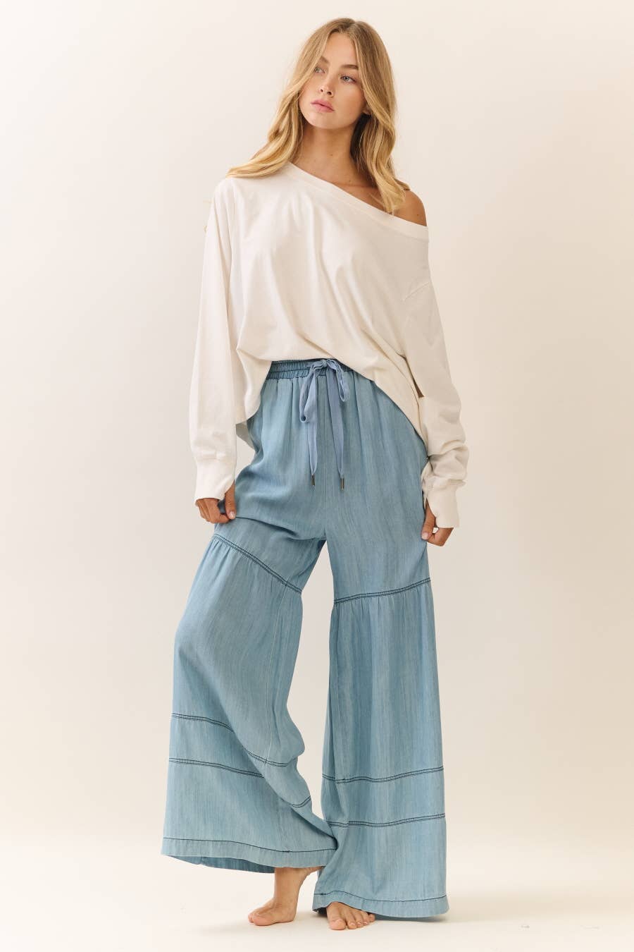 Washed Denim Tiered Wide Leg Pants