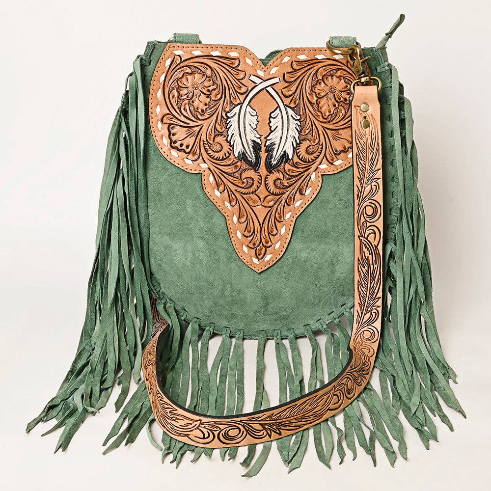 American Darling Western Feather Tooled Leather Large Crossbody Bag with Fringe