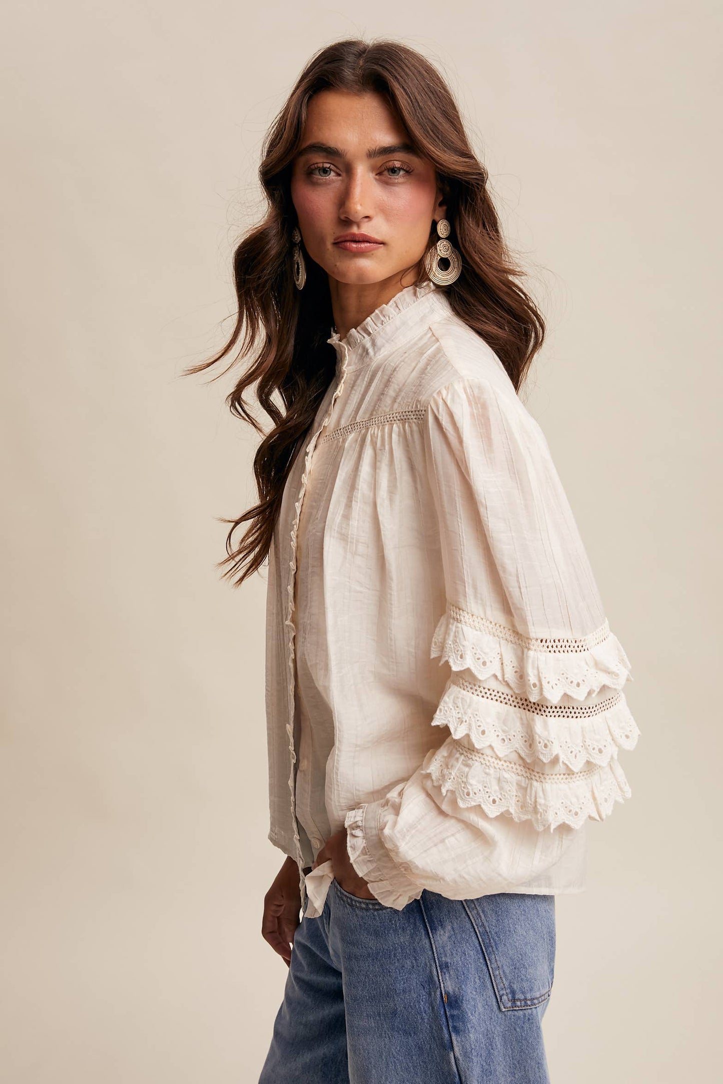 Lace Ruffle Sleeve Pintuck Blouse LT1441