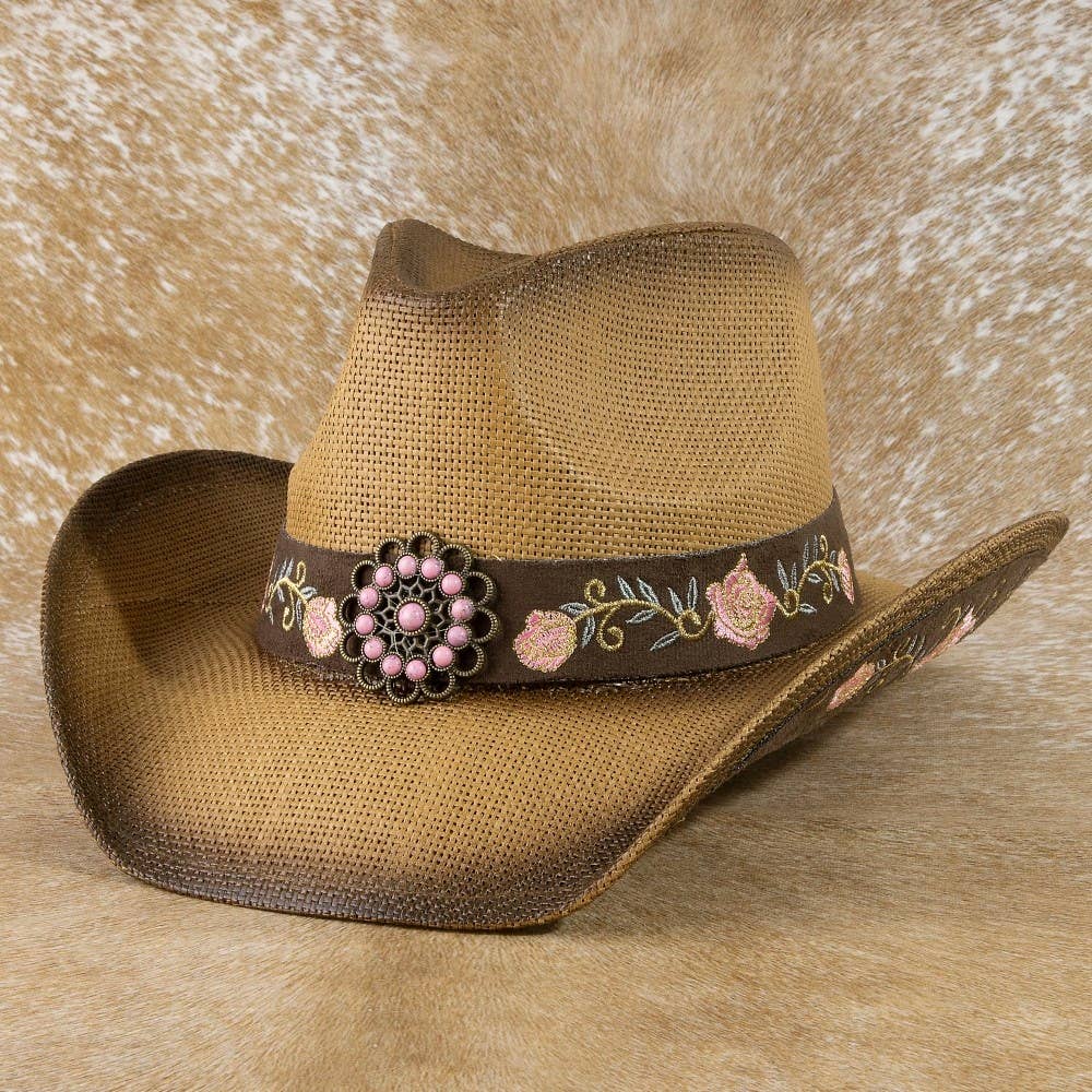 Straw Flower Embroidered Cowboy Hat