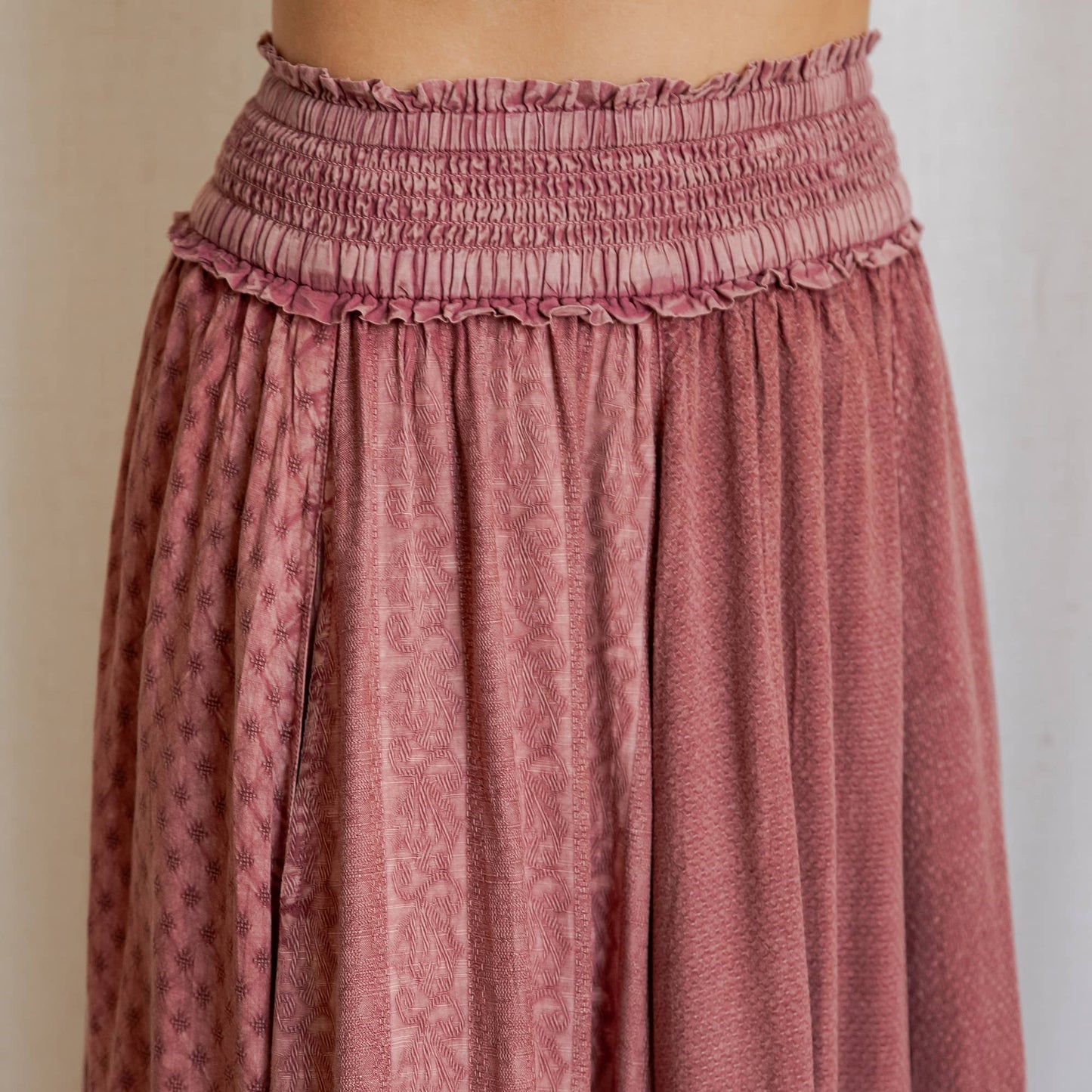 Rustic Textured Smocked Waist Ruffled Tiered Maxi Skirt