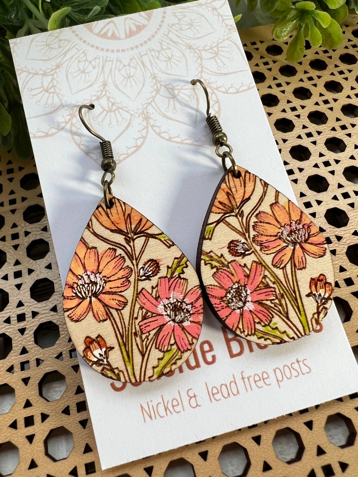 Boho daisy hand painted lightweight wood earrings 
