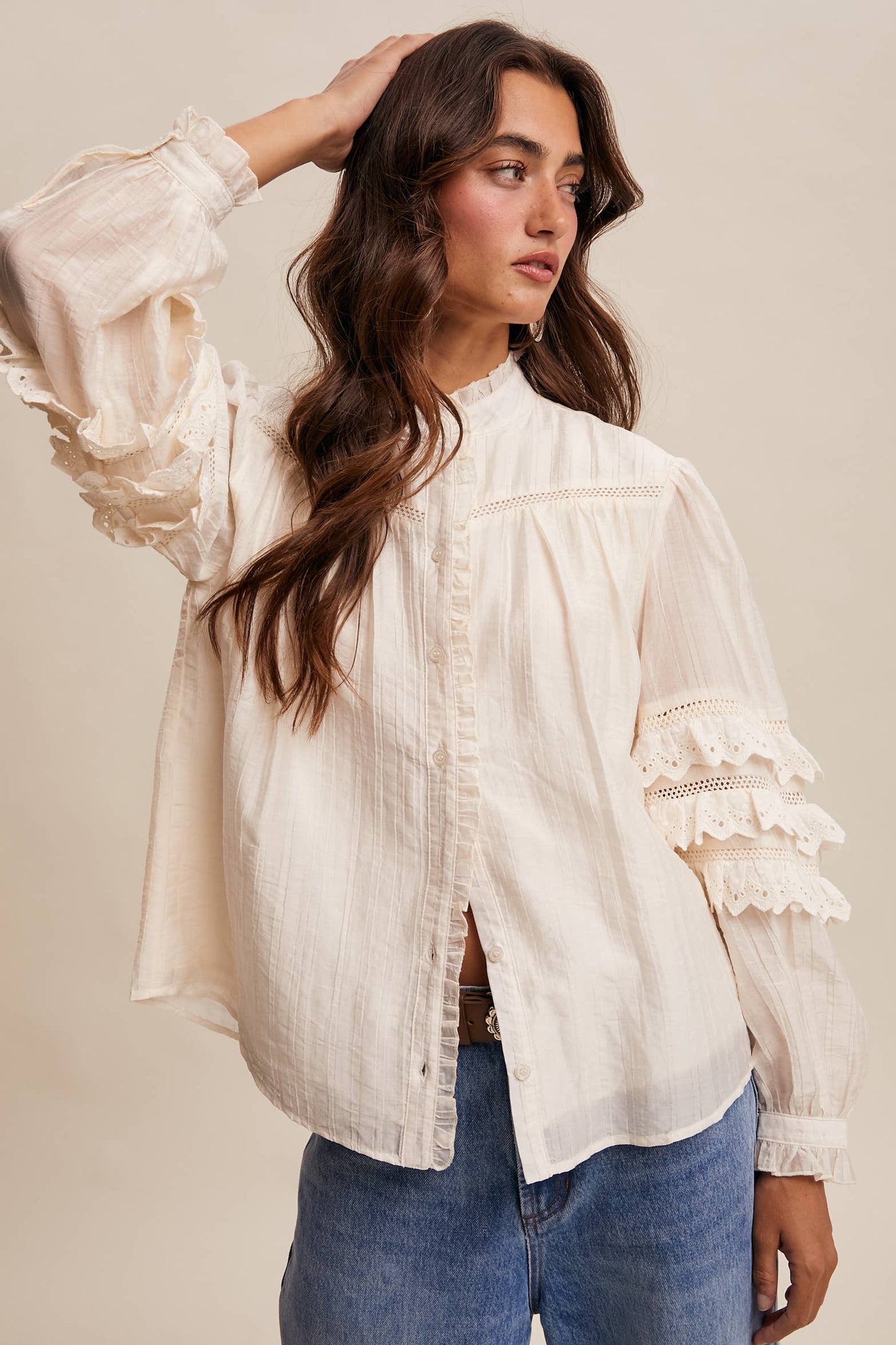 Lace Ruffle Sleeve Pintuck Blouse LT1441