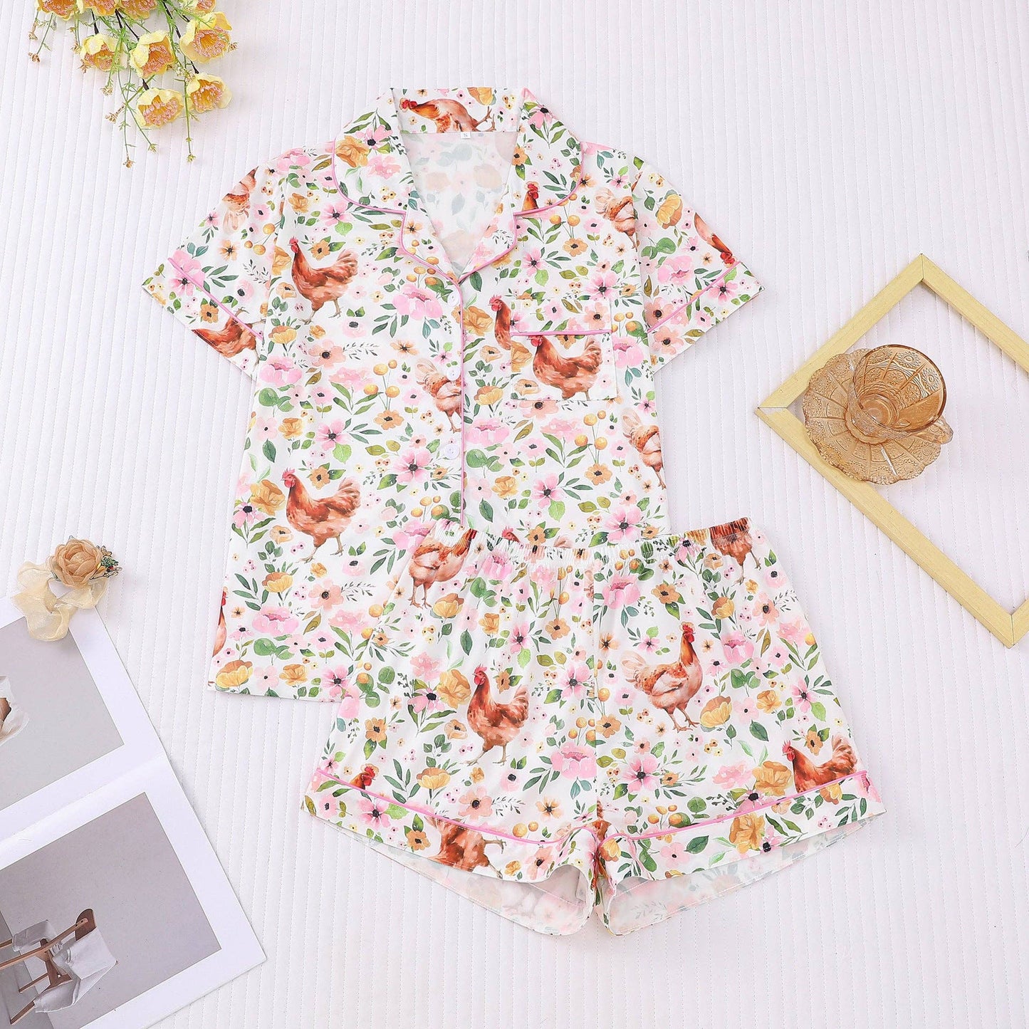 Country Floral Chicken Print Pajama Set