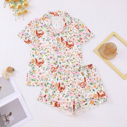 Country Floral Chicken Print Pajama Set