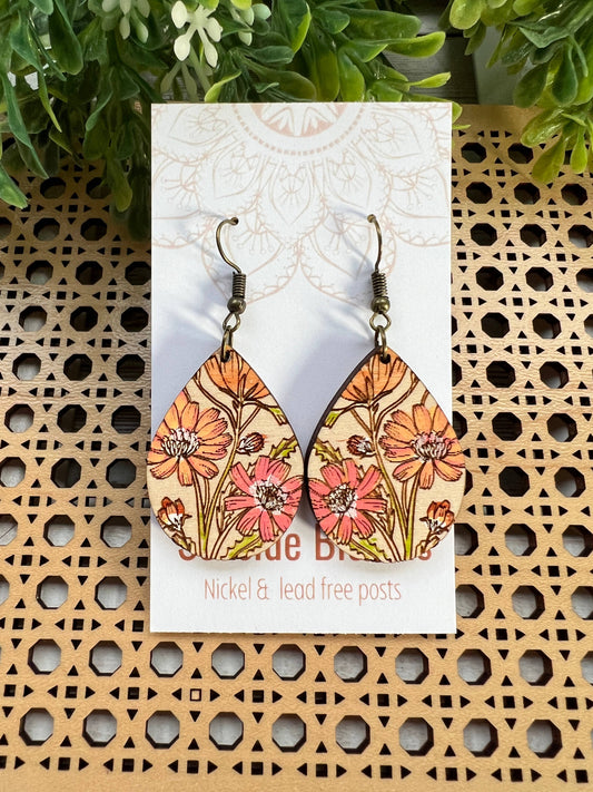 Boho daisy hand painted lightweight wood earrings 