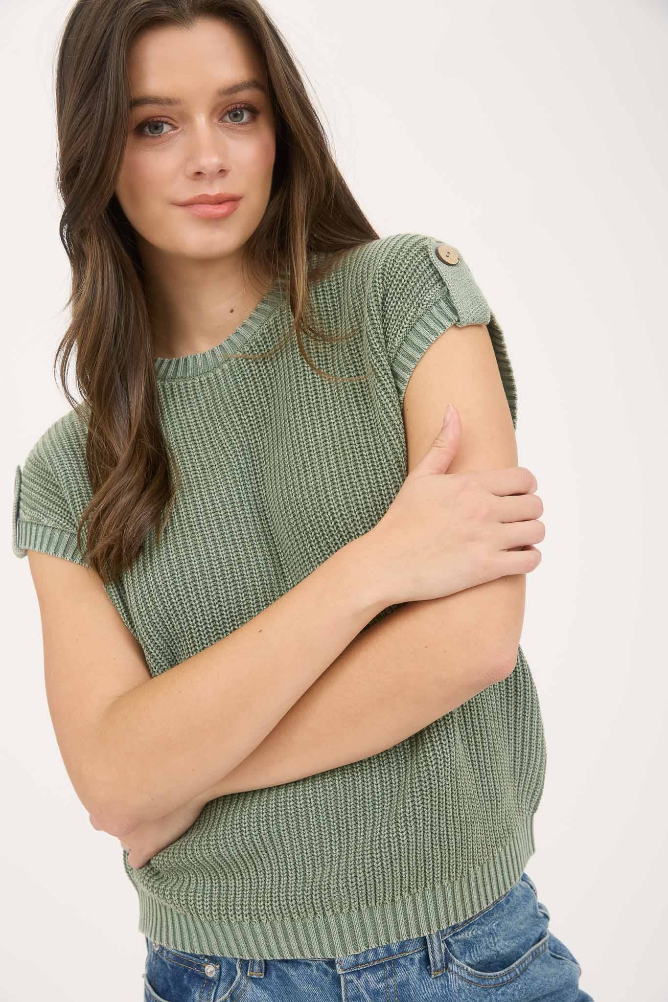 WASHED KNIT SHORT TAB SLEEVE PULLOVER SWEATER