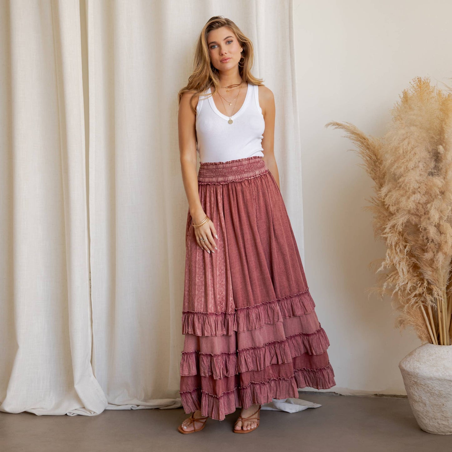 Rustic Textured Smocked Waist Ruffled Tiered Maxi Skirt