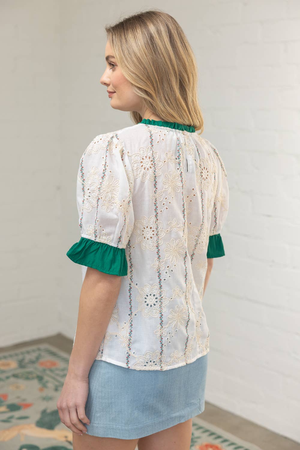 36279 Ruffled Detail Floral Eyelet Embroidered Top