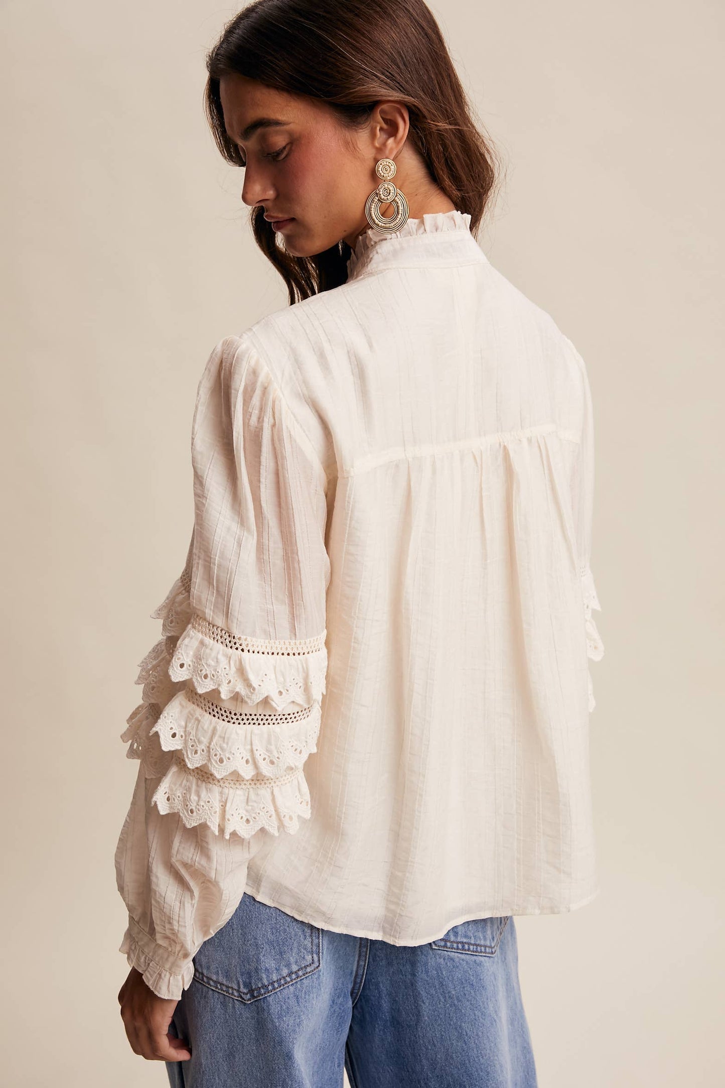 Lace Ruffle Sleeve Pintuck Blouse LT1441