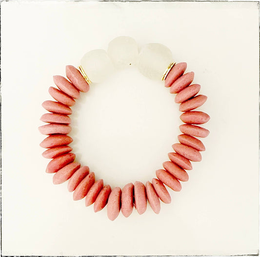 Ashanti & Recycled Glass Bead Stretch Bracelet- Pink