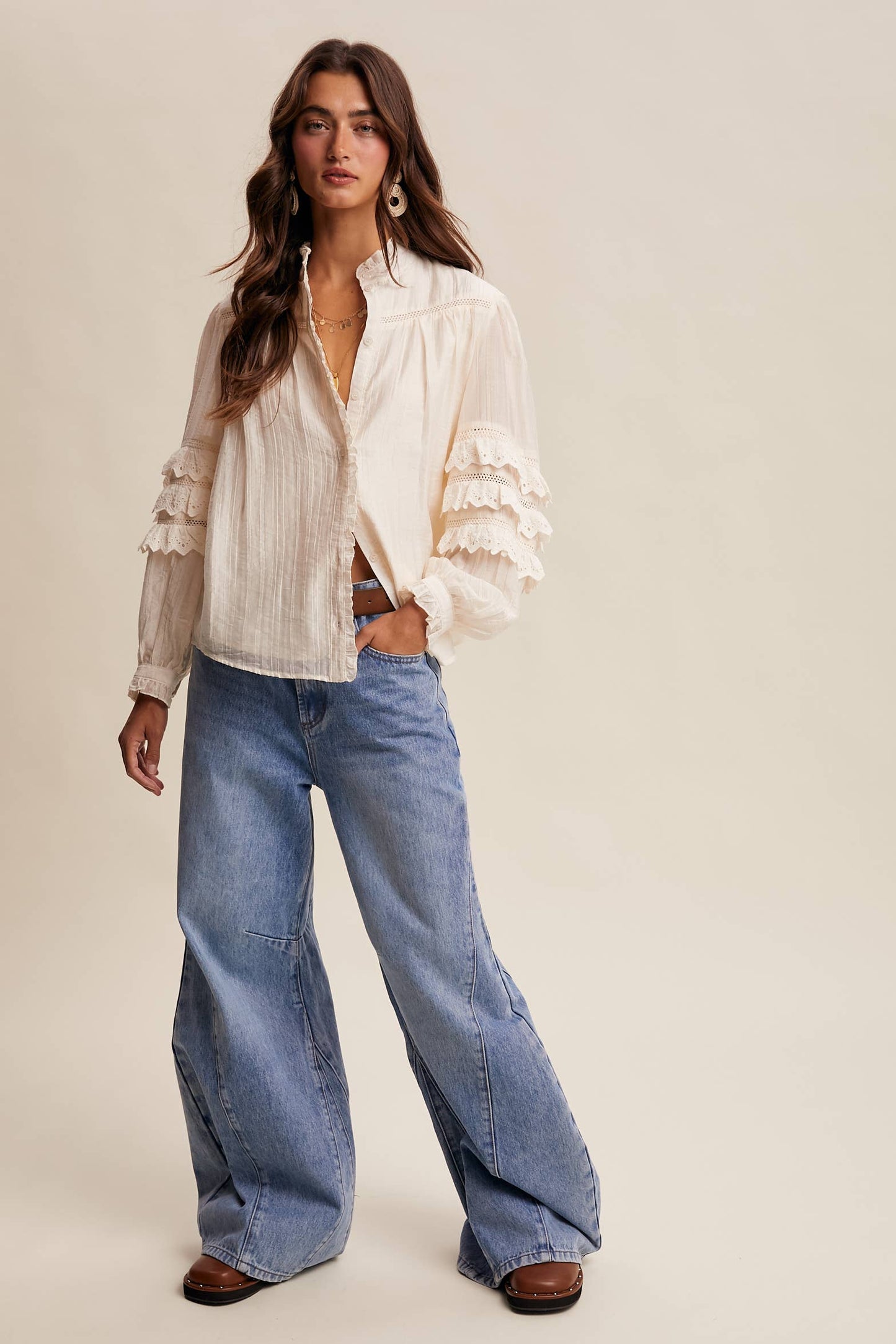 Lace Ruffle Sleeve Pintuck Blouse LT1441