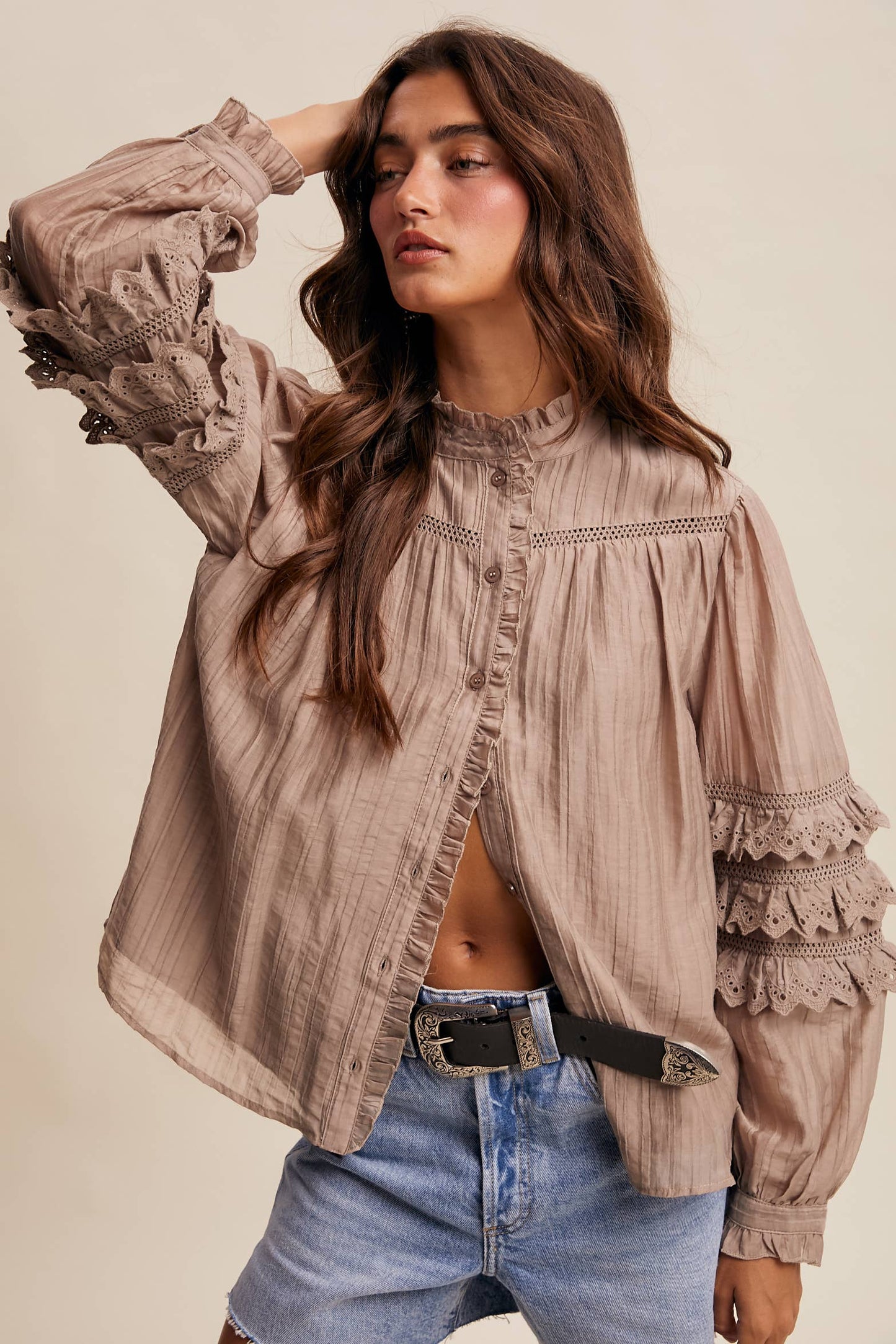 Lace Ruffle Sleeve Pintuck Blouse LT1441