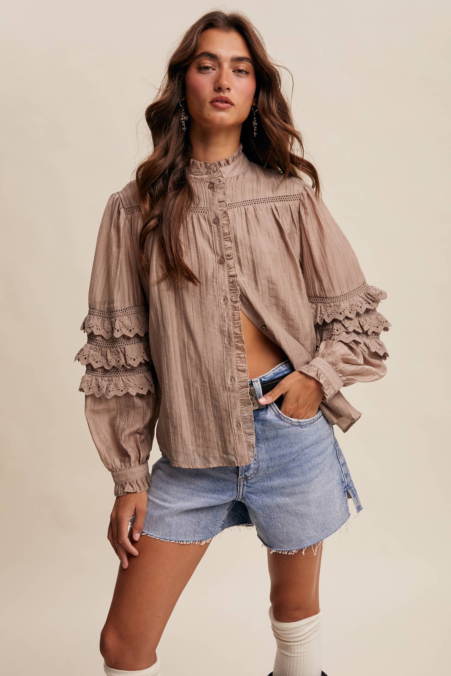 Lace Ruffle Sleeve Pintuck Blouse LT1441