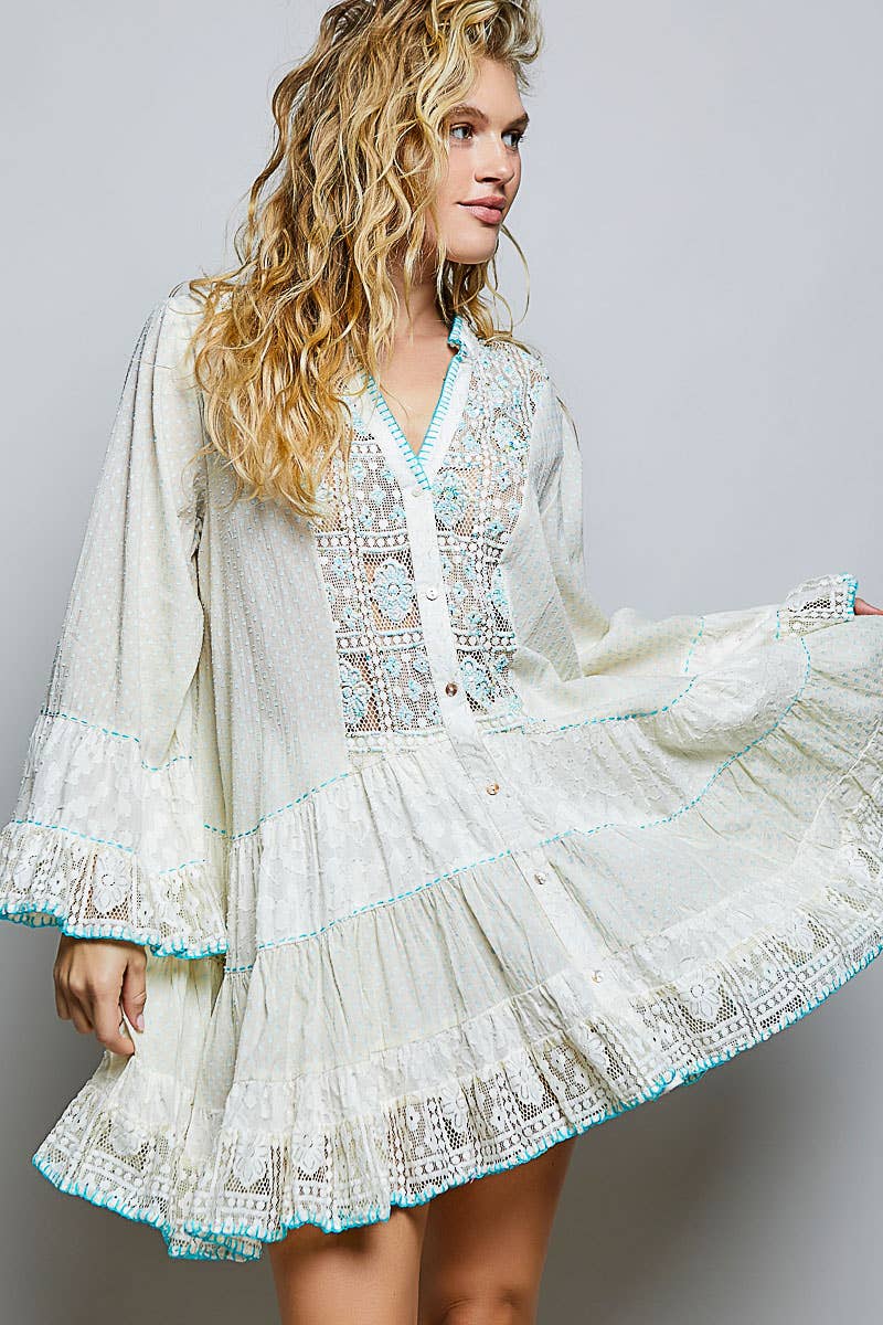 Beaded Embroidered Sheer Sleeve Tiered Dress
