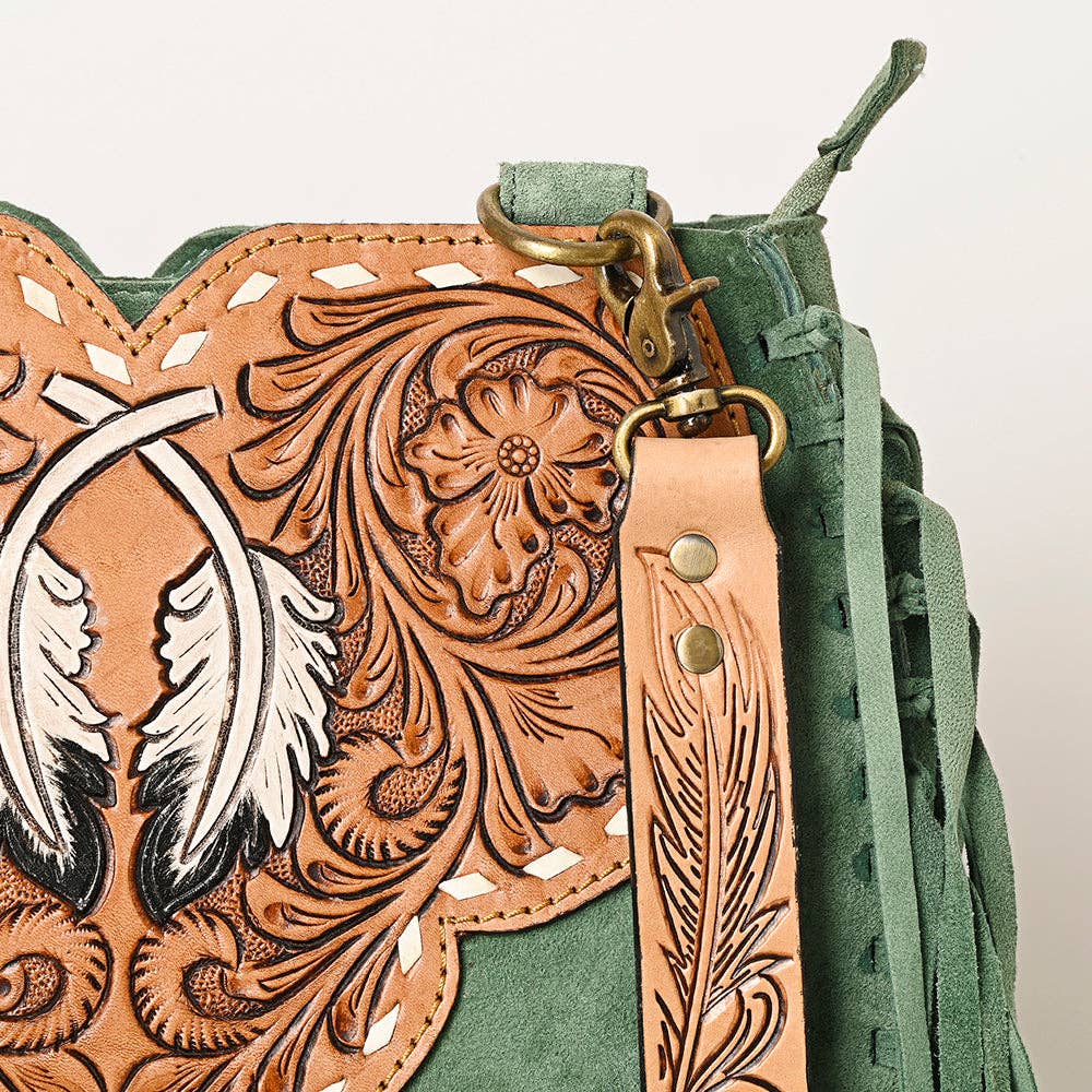 American Darling Western Feather Tooled Leather Large Crossbody Bag with Fringe