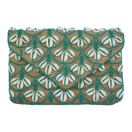 JUTE & SHELL TURQUOISE BEADED CLUTCH