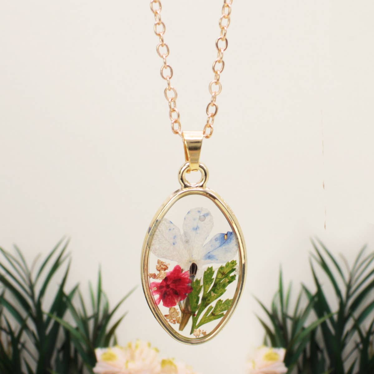 Dainty Bouquet Multicolor Dried Flower Gold Necklace