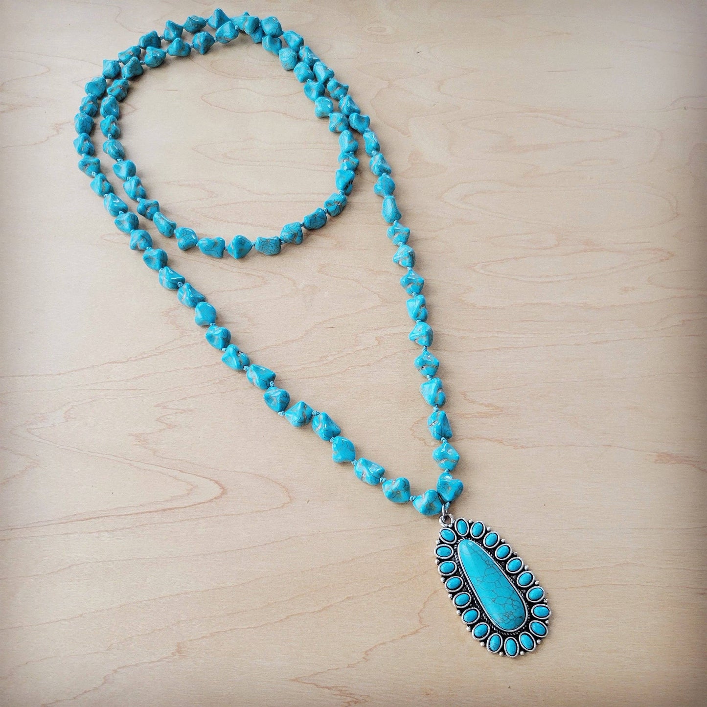 Long Western Turq Beaded Necklace w/Squash Blossom Pendant