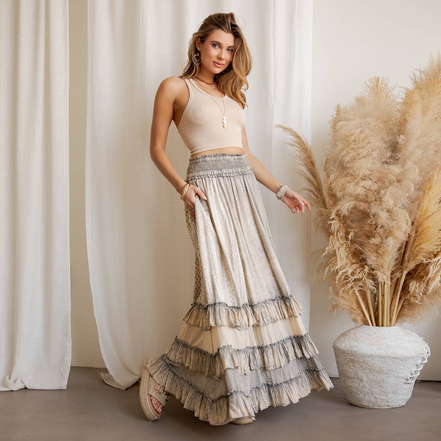 Rustic Textured Smocked Waist Ruffled Tiered Maxi Skirt