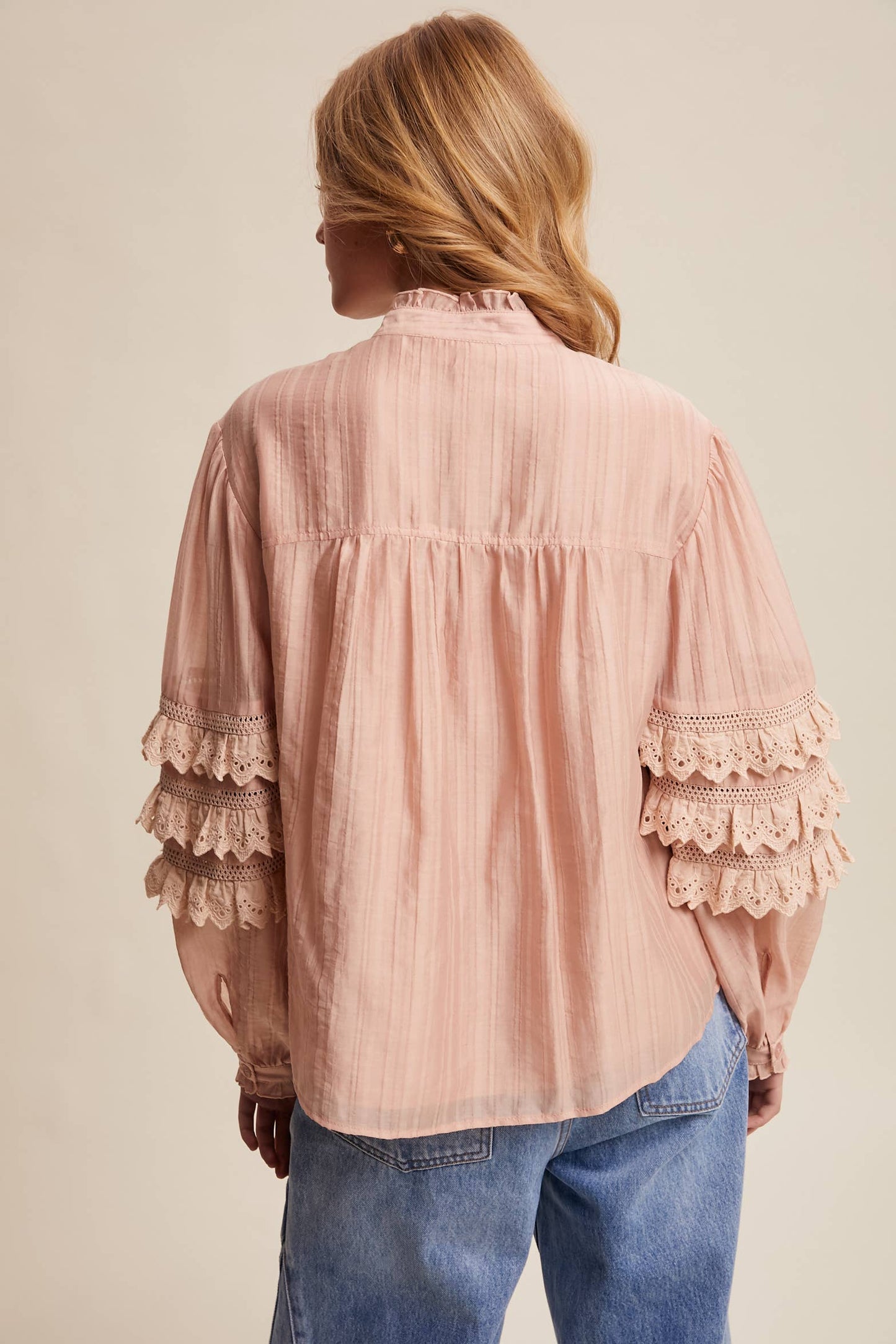 Lace Ruffle Sleeve Pintuck Blouse LT1441