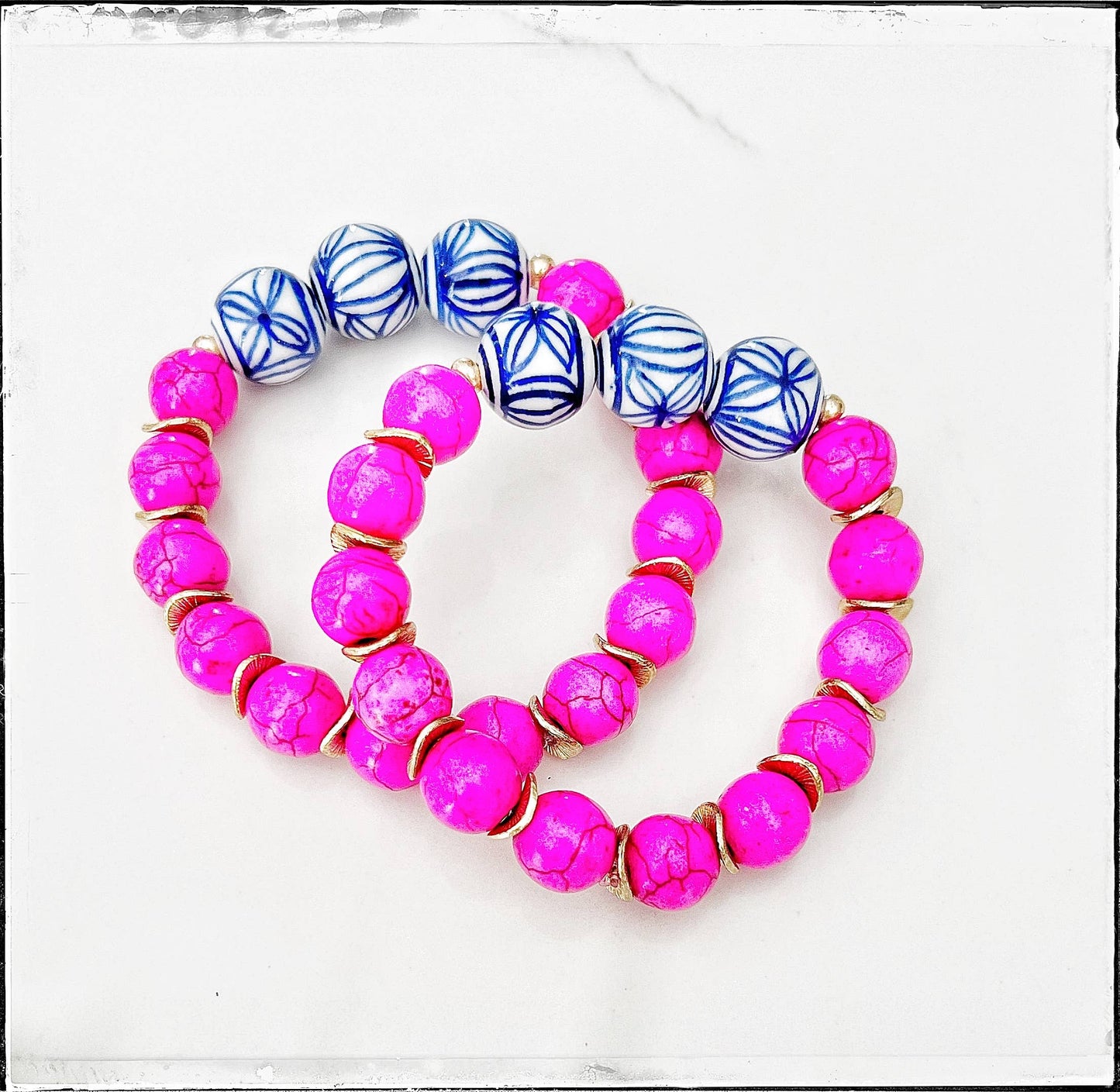Pink Turquoise Gemstone & Chinoiserie Bead Stretch Bracelet