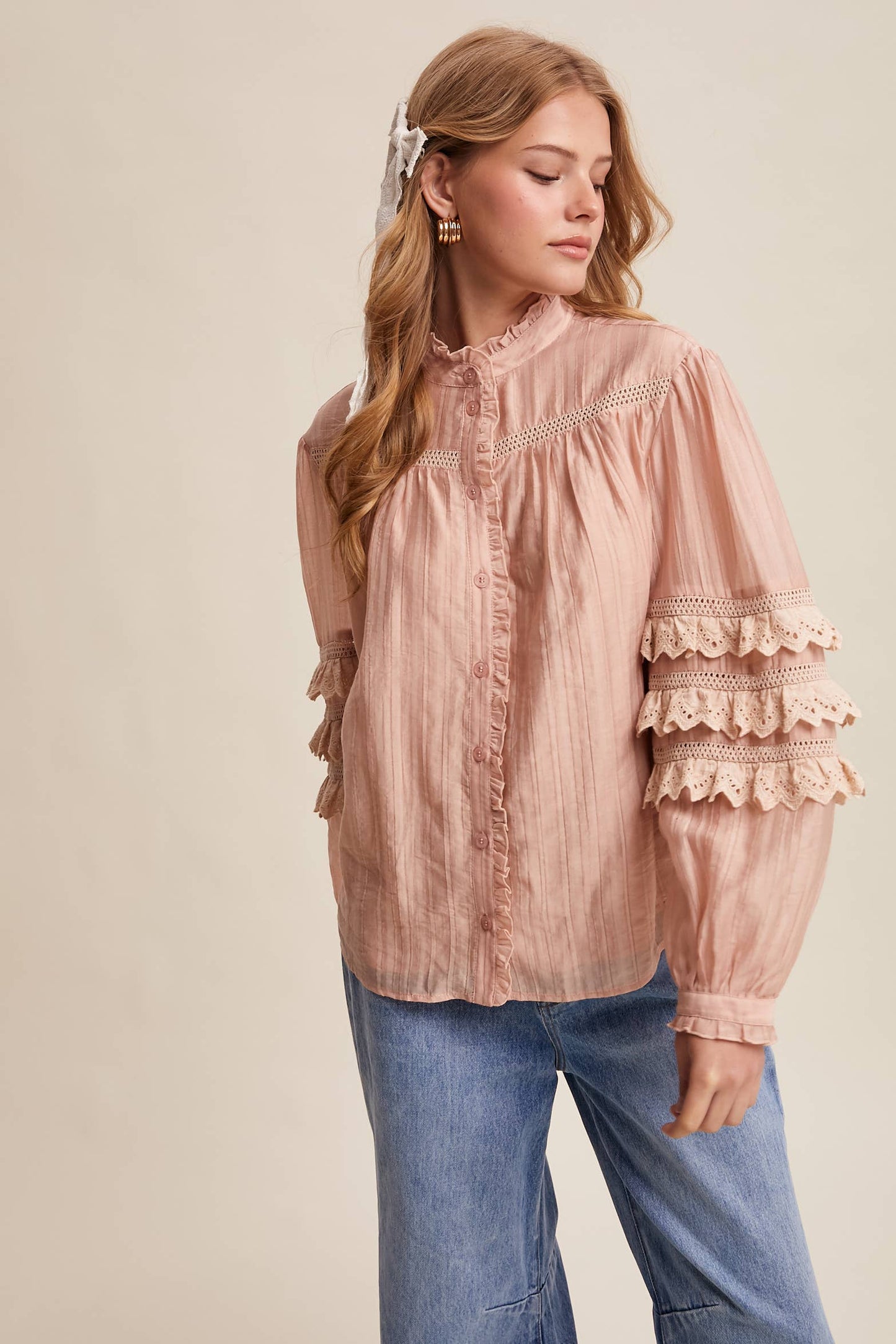 Lace Ruffle Sleeve Pintuck Blouse LT1441