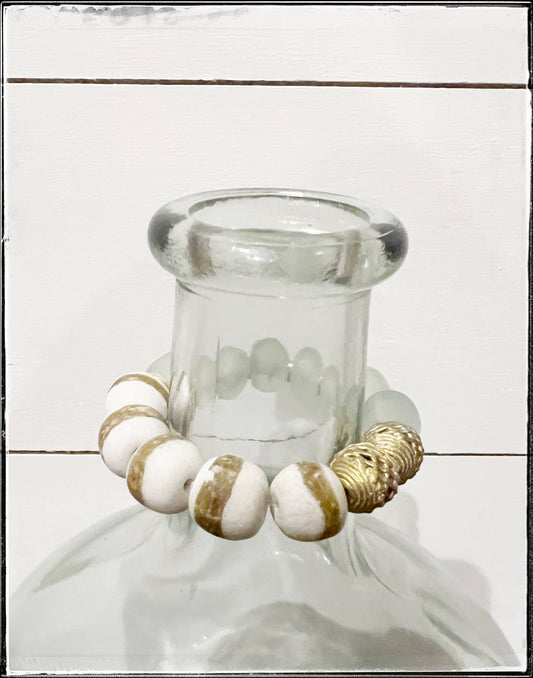 Recycled Glass Krobo Stone Beaded Stretch Bracelet Striped