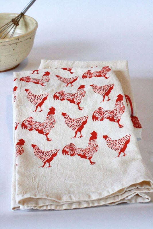 Chicken Kitchen Towel, Handprinted Chicken Tea Towel 
