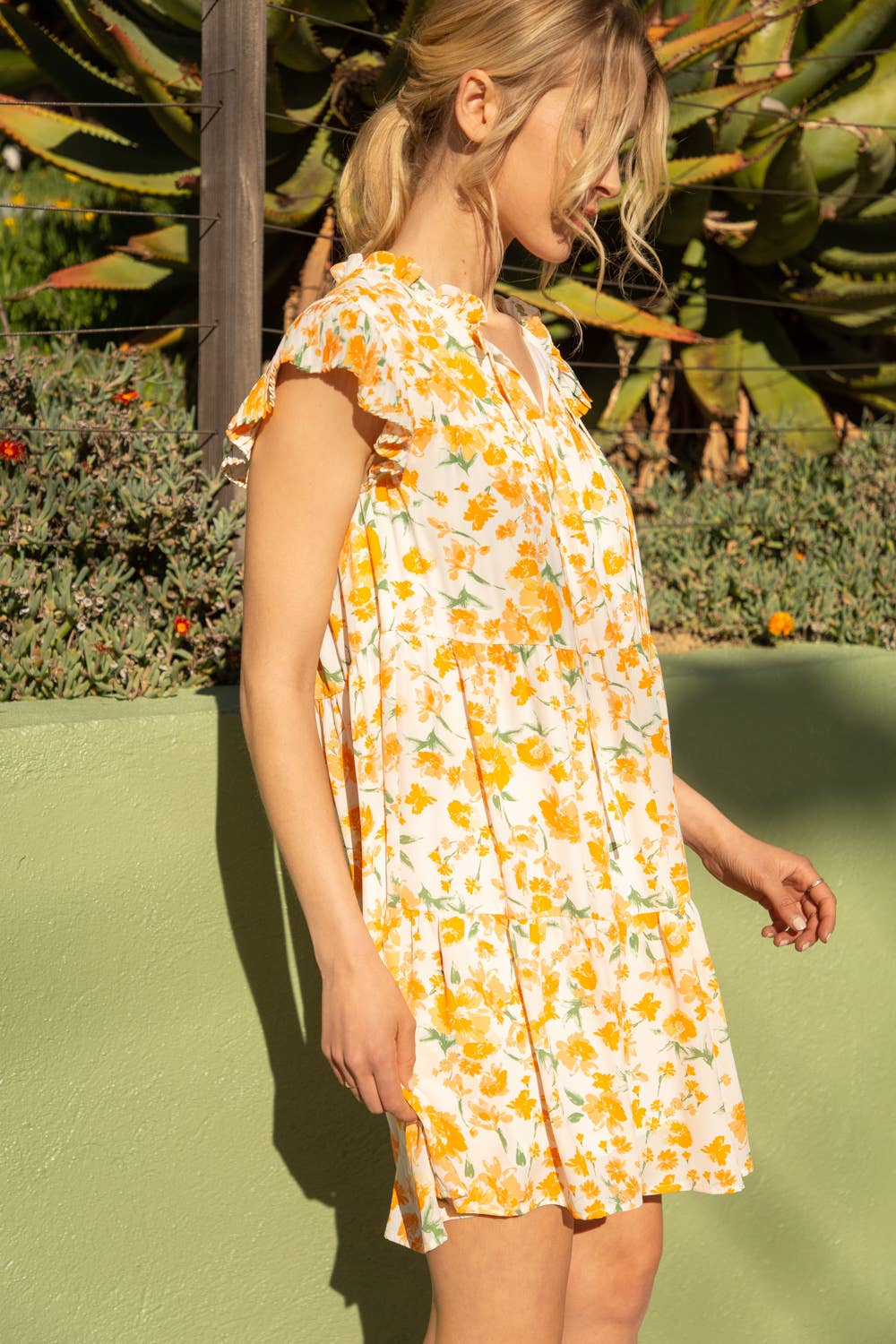 32442-1 Pleated Sleeve Tiered Floral Dress