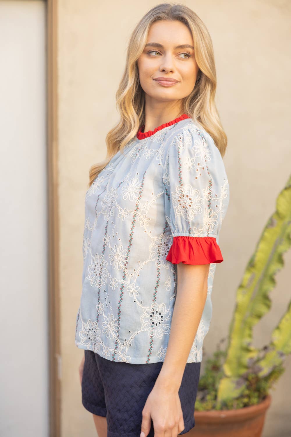36279 Ruffled Detail Floral Eyelet Embroidered Top